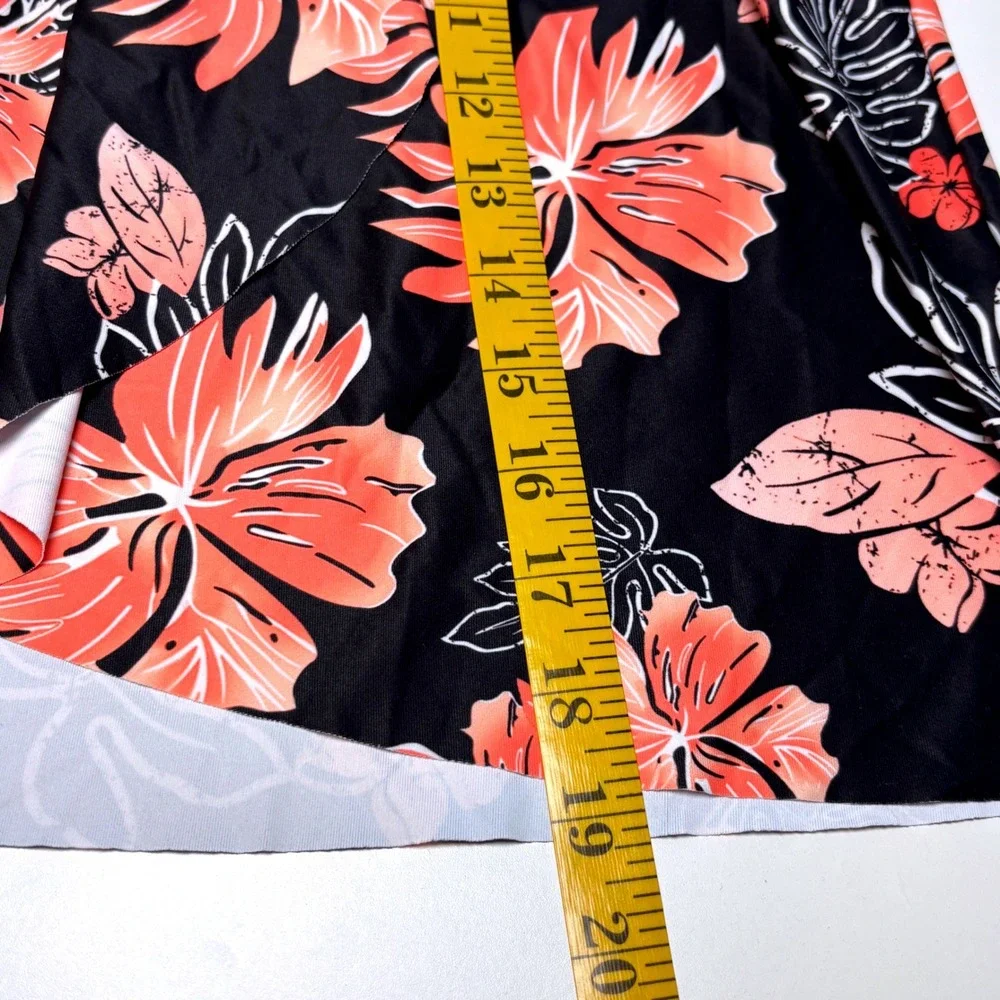 Floral Tankini L Swim‎ Top Halter Neck Black Coral Pink Hawaiian Tropical Swim
